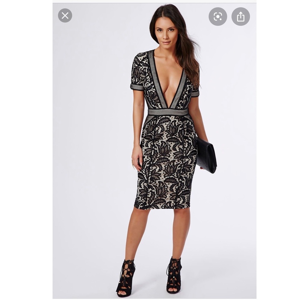 New Missguided Black Jess Deep V lace Midi Dress 8
